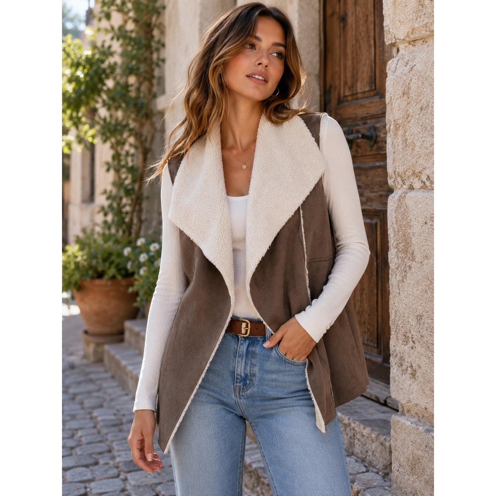 Susina Brown Faux Suede Sherpa Lined Open Front Draped Vest XL Brown Cream